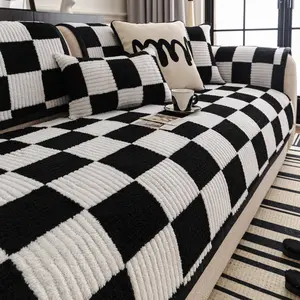 1 Piece Checkered Colorblock Plush Sofa Cover, Dustproof Sofa Cover, Warm and Soft, Machine Washable, Pet Furniture Protector, Stain-Resistant, Suitable for All Seasons, Ideal for Holiday & Daily Use, Fits 2-3 Seater Living Room Sofas