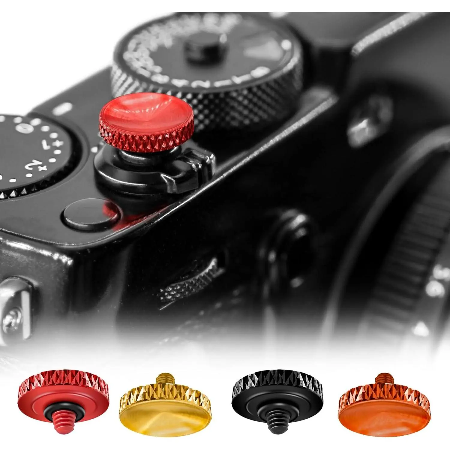 X-KCS04 4 Pcs Copper Soft Shutter Release Buttons (Camera Accessories) - Screw-In Metal Lensmate, Concave, Knurled, Copper Rubber, Texturized, Artificial Belly Design, Plastic, Daily Use for Fujifilm X100,X100VI,X-T5,X-T4,X-T3 (Red,Brass,Orange,Black)