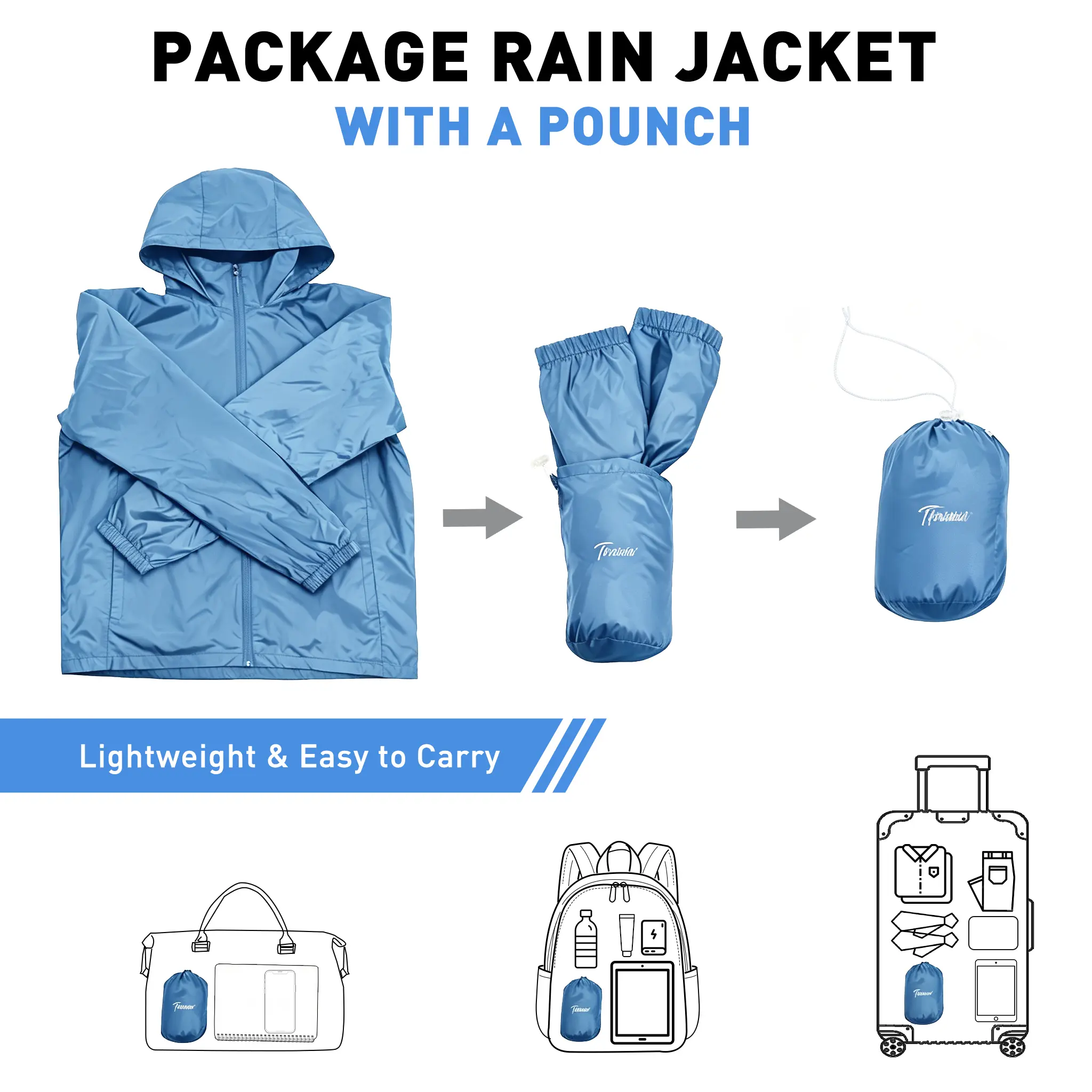 Tirrinia Packable Waterproof Rain Jacket – Lightweight Windbreaker for Travel & Outdoor Adventures