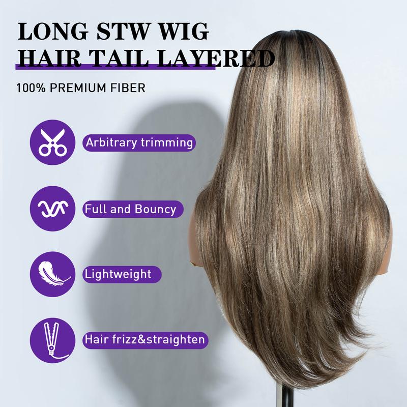 Rebeccahair 26 Inch Synthetic Long Straight Ombre Blonde Wigs for Women, Gorgeous Fluffy Wigs with Curtain Bangs, Synthetic Lace Front Wigs for Party, Daily Use