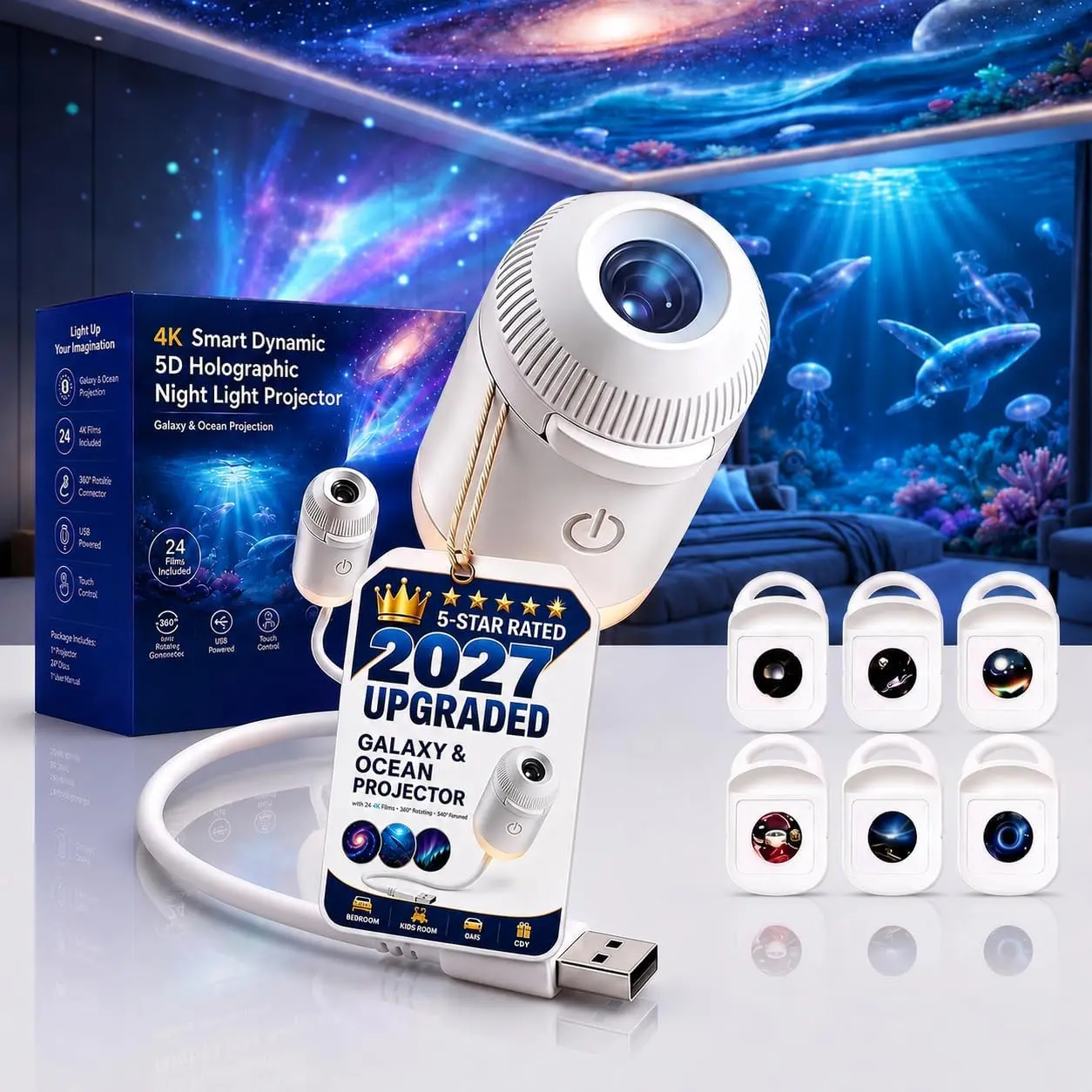 Galaxy Projector Night Light, 2-in-1 Holographic Star 5d Ocean Projector Plug and Play hd Star Smart Ceiling Projectors Lamp 360° Space Starry Sky USB Projection (6 Projection Films)