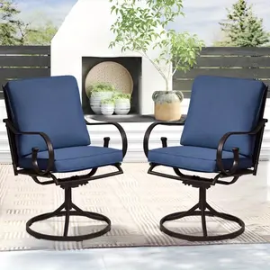 Patio Swivel Chair Set of 2, Outdoor Dining Chairs with Cushions, 360° Swivel Rocker Patio Chairs for Porch, Deck, and Garden, Metal Frame with Curved Armrests, Blue