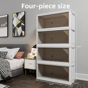 573QT 4-Pack 35.4'' Wide Transparent Plastic Storage Cabinets for Closet Organizers and Storage, Folding Storage Box, Stackable Storage Bins with Open Front Door