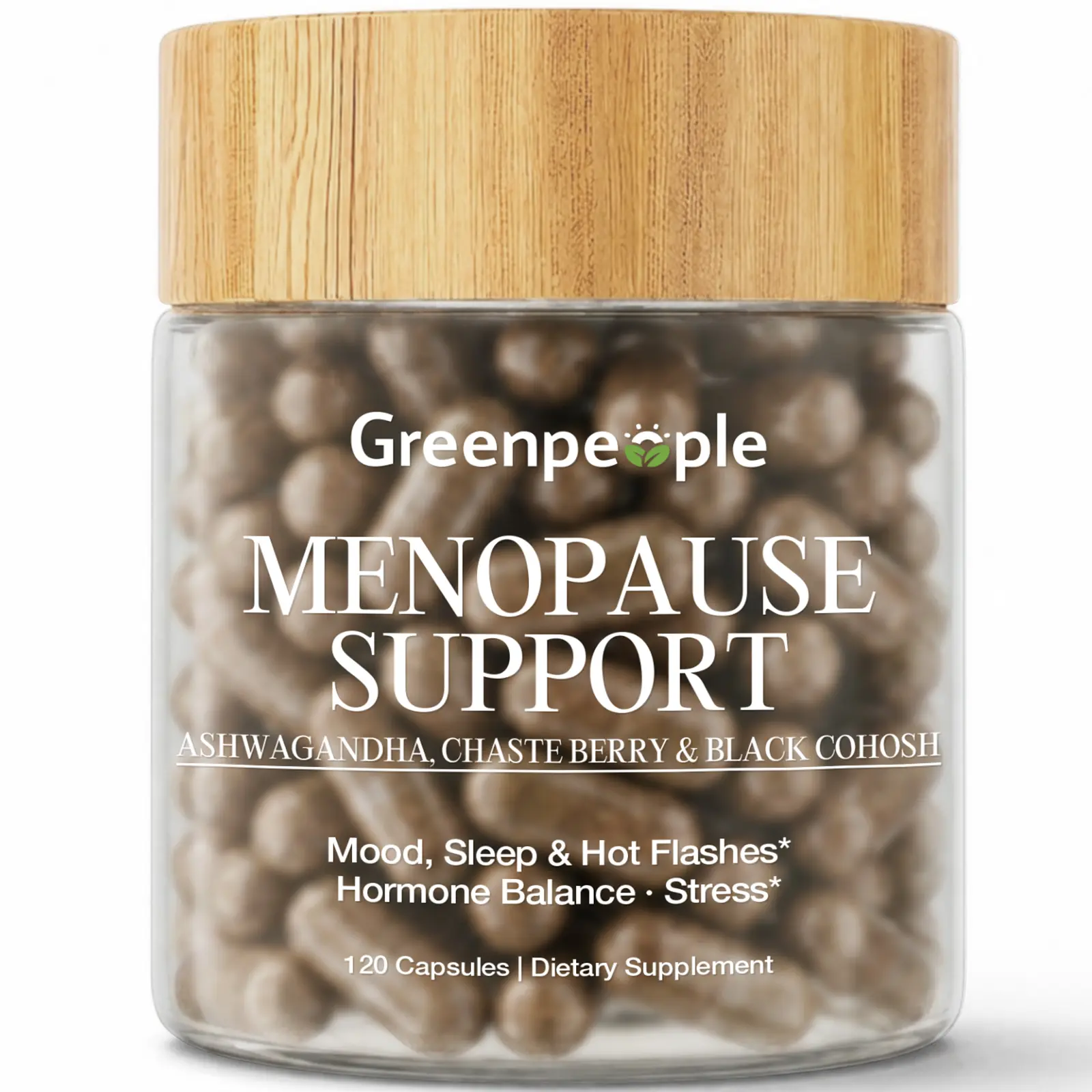GREENPEOPLE Women's Menopause Support Supplements - 120 Unflavored Vegan Gluten Free Capsules, Hot Flash Aid with Ashwagandha, Chaste Tree, Black Cohosh, Red Clover for Mood, Sleep, Hormonal Balance