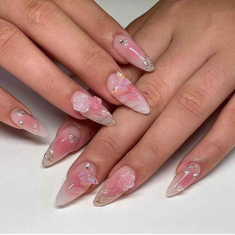 Pink Fake Nail with 3D Flowers and Butterflies Design Almond Nails Glossy Nails 24 PCs/Set