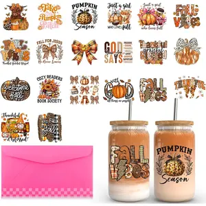 20 Sheets Fall UV DTF Cup Wrap -Pumpkin Thanksgiving Theme UV DTF Cup Wraps for 16 oz Glass Mugs Coffee, UV DTF   Rub on Transfer Stickers DIY Mug Glasses Crafting