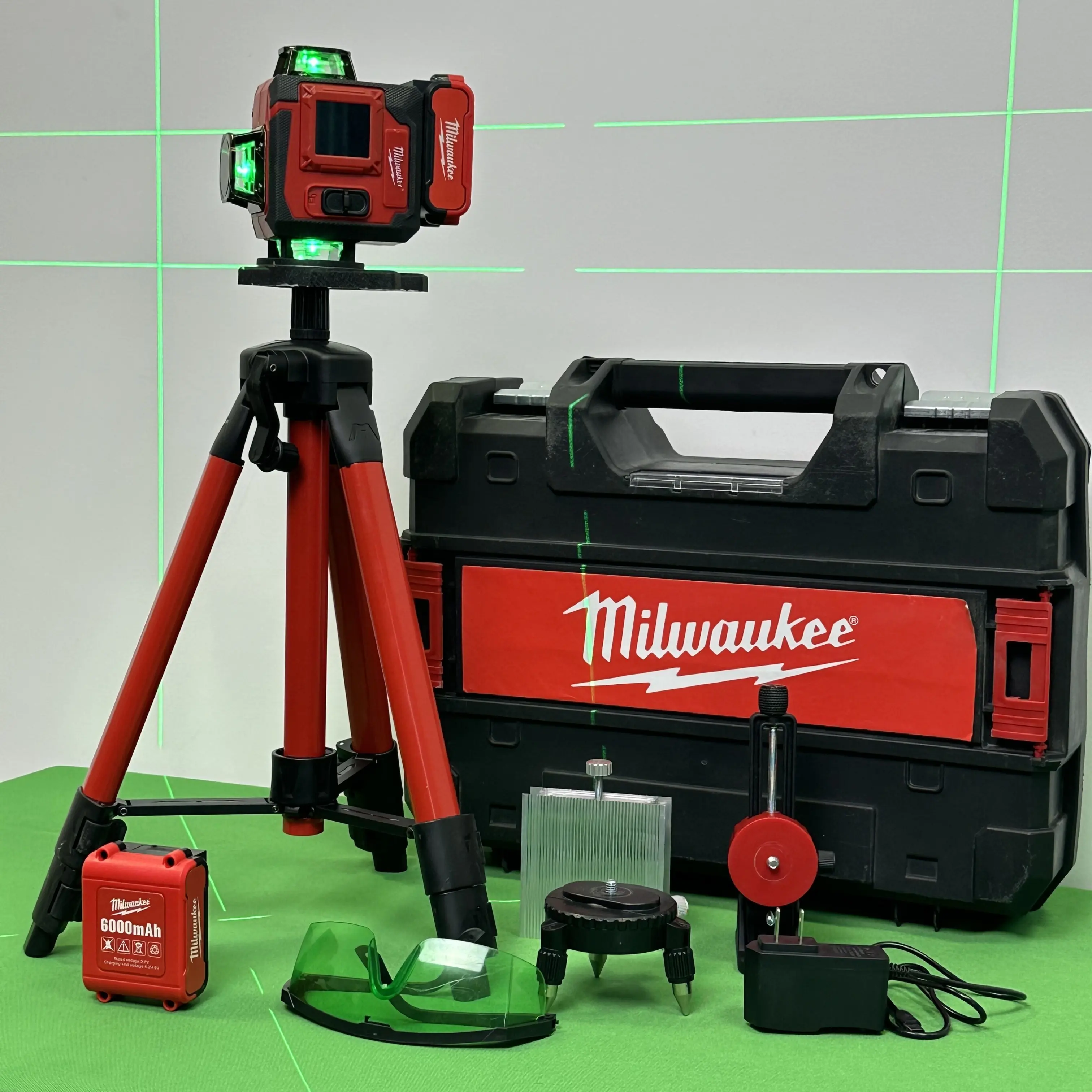 Milwaukee 16-Line Green Laser Level 4x360° Self-Leveling Kit with Tripod & 6000mAh Battery for Tile Installation Ceiling Alignment Construction Digital