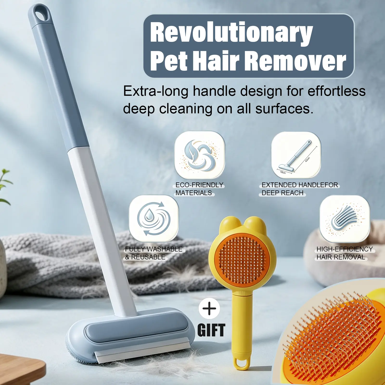 Pet Hair Remover Brush + FREE Self-Cleaning Slicker Brush, Long Handle for Dog Cat Fur on Sofa Carpet, Reusable & Washable4-in-1 Pet Hair Remover for Dog & Cat Fur with Long Handle, Reusable Fabric Brush for Sofas, Carpets, Rugs, Bedding and Car Seats,