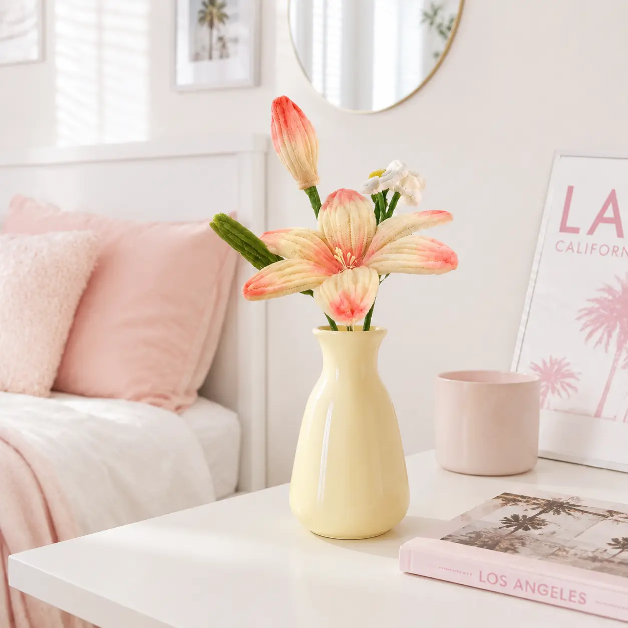 Handmade Lily Flower Bouquet, Back to School Gift,Girlfriend Gift, 1 Lily with Daisy & Bud, Photorealism Look, Blue/Pink-Cream Gradient, Feminine Floral Decor, Back to School Home Decor Gift