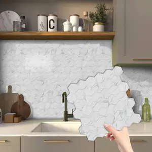 12pcs/20pcs 3D Marble Self-Adhesive Wall Stickers, Honeycomb Grid Pattern, Easy Peel & Stick, Kitchen Bathroom Decor, Smooth Surface, Marble Pattern Wallpaper