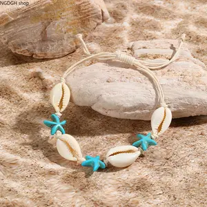 Women's Cowrie Shell Starfish Bracelet - Trendy Turquoise Blue Natural Seashell Beaded, Adjustable Cotton Cord, Lightweight Waterproof Beach Sports Wristband for Summer Vacation & Coastal Daily Looks
