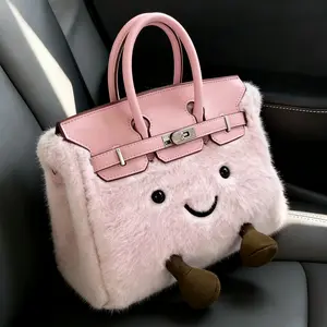 New Plush Bag Fur Material with Happy Face Features Pink Leather Trim Soft and Stylish Fashion Elegant Handbag Lightweight Puffy Handbag Fashionable Versatile Purse