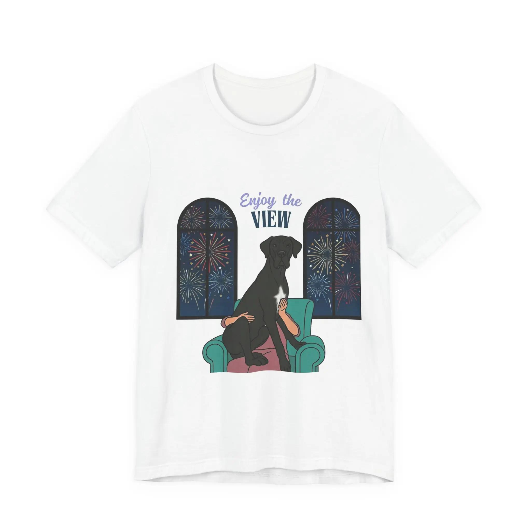 Black with white chest marking Great Dane Enjoy the View T-Shirt — Dog Watching Fireworks Graphic Tee