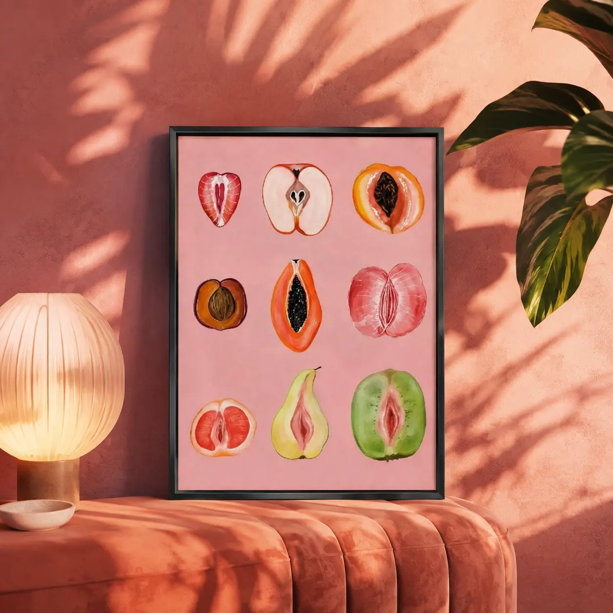 Vintage Fruit Wall Art, Pink Hand-Drawn Sliced Fruit Canvas Poster, Colorful Modern Minimalist Kitchen Decor for Dining Room, Breakfast Nook, Cafe, Apartment or Pantry, Fun Food Art Gift