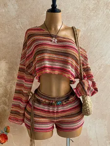 Women's Fashion Sexy Asymmetrical Shoulder Floral Long Sleeve Top + High Waist Shorts Two-Piece Set Outfits, Vacation Style, Casual Wear