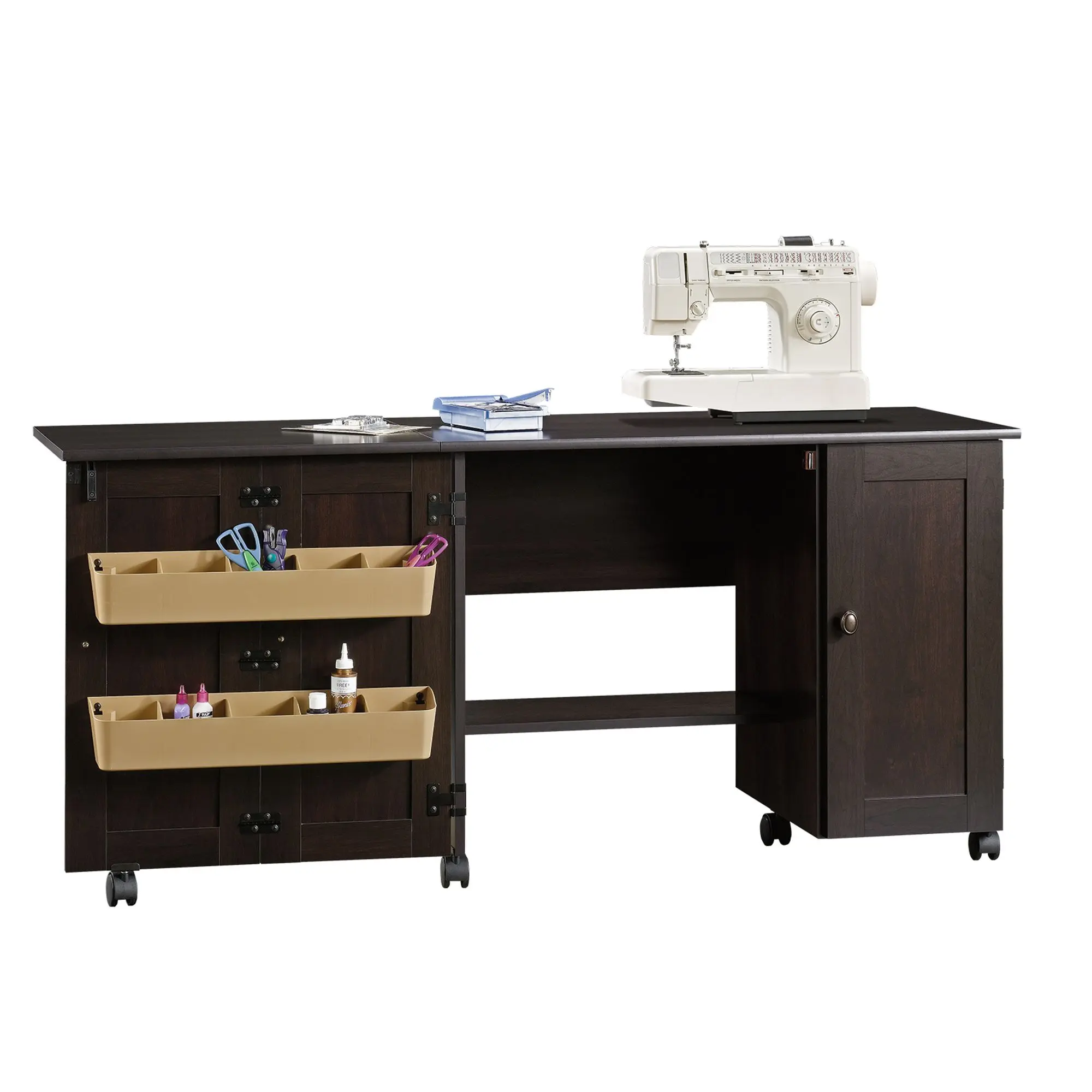 Sauder Rectangle Crafting Table & Miscellaneous Storage Cart - Adjustable Shelves, Easy-Roll Casters, Compact Design, Drop Leaf, 39.29" x 19.45" x 28.50"
