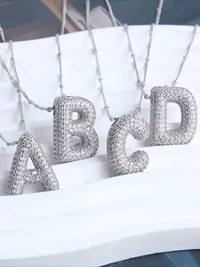 1pc Silvery Light Luxury Niche 26 Bubble Balloon Letter Pendant Necklace, Copper with Synthetic Zirconia Inlay, Hollow Bead Chain Design, Simple and Elegant Women's Jewelry, Party Birthday Holiday Gift