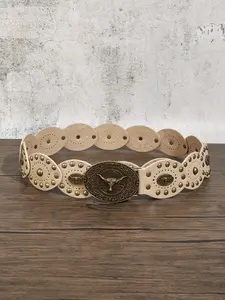 Women's Boho Cow Head Rivet Cowgirl Belt, Cowboy Belt, Y2K Western Style Buckle Design, Chunky Waistband Accessory for Dresses & Casual, Bling Western Belt