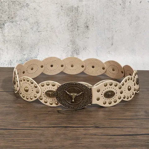 Boho Cowgirl Belt for Women, Western Belts, Vintage Brass Color Buckle, Chunky PVC Belt, Perfect for Parties, Casual, Rodeo, Y2K Style