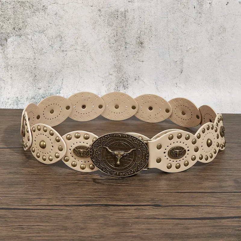 Boho Cowgirl Belt for Women, Western Belts, Vintage Brass Color Buckle, Chunky PVC Belt, Perfect for Parties, Casual, Rodeo, Y2K Style