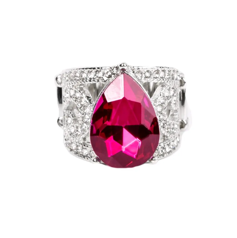 Kinda a Big Deal Ring with Pink Teardrop Gem, Filled Band with White Rhinestones, Flexible Stretchy Band