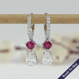 Old Mine Pear Diamond And Ruby Cushion Drop Hoop Earrings