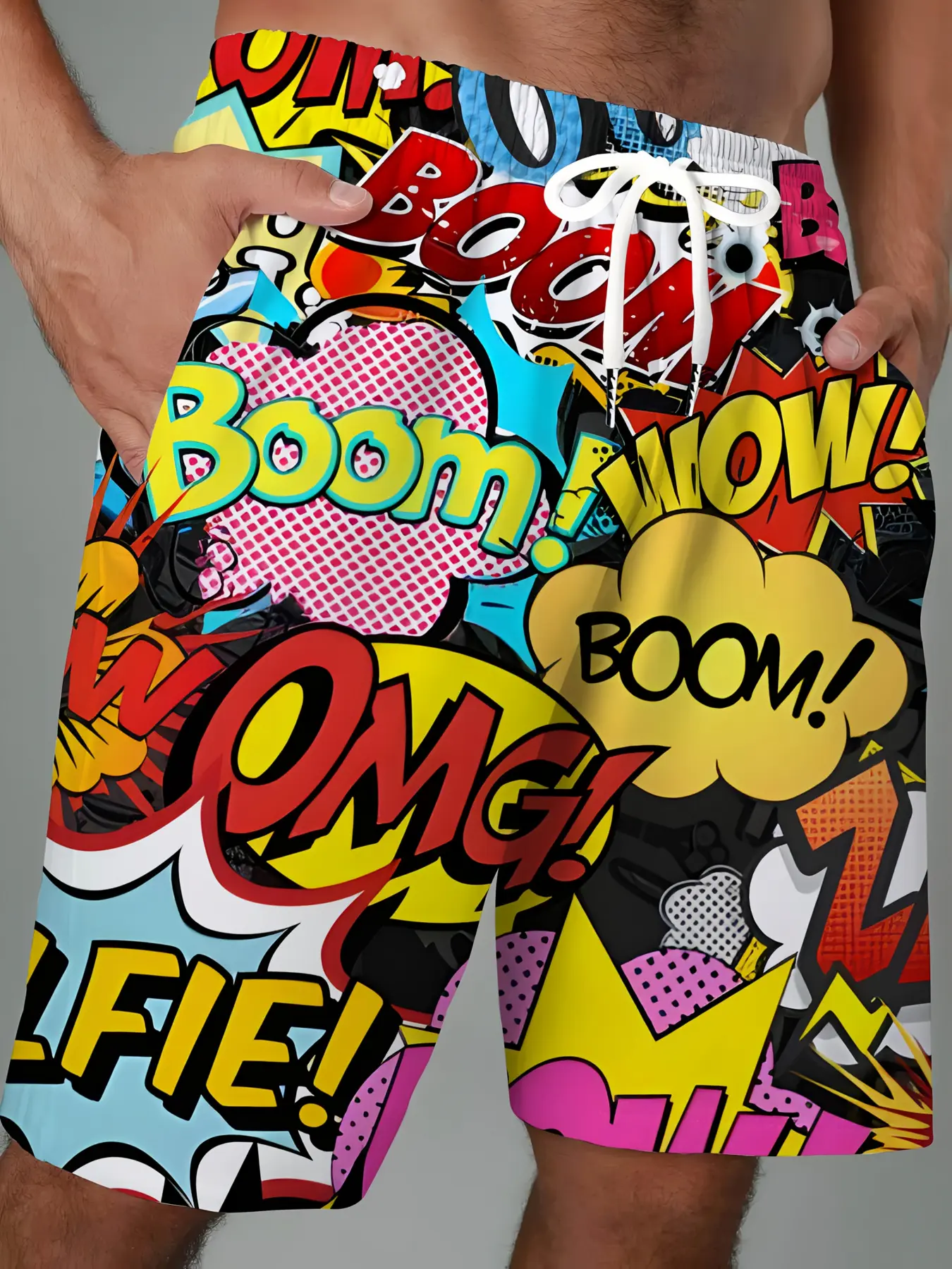 Men's oversized cartoon print shorts - Vibrant comic style design, drawstring waistband, pockets, beach pants suitable for all seasons, casual summer shorts | Fun printed shorts | Comfortable fit | Casual Comfy Shorts
