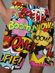 Men's oversized cartoon print shorts - Vibrant comic style design, drawstring waistband, pockets, beach pants suitable for all seasons, casual summer shorts | Fun printed shorts | Comfortable fit | Casual Comfy Shorts