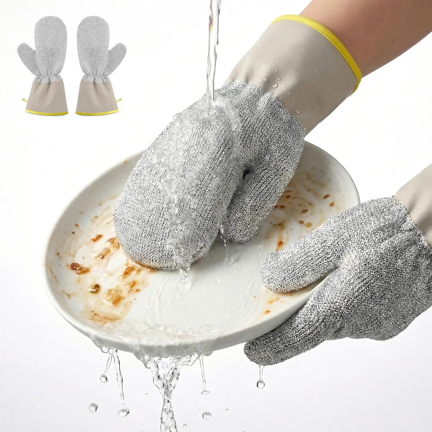 1 Pair Wire Dishwashing Gloves - Reusable Non-Scratch Scrub Gloves with Waterproof PU Cuff, Multipurpose Kitchen Cleaning Gloves for Dishes, Pots, Pans, Stovetop & Sinks