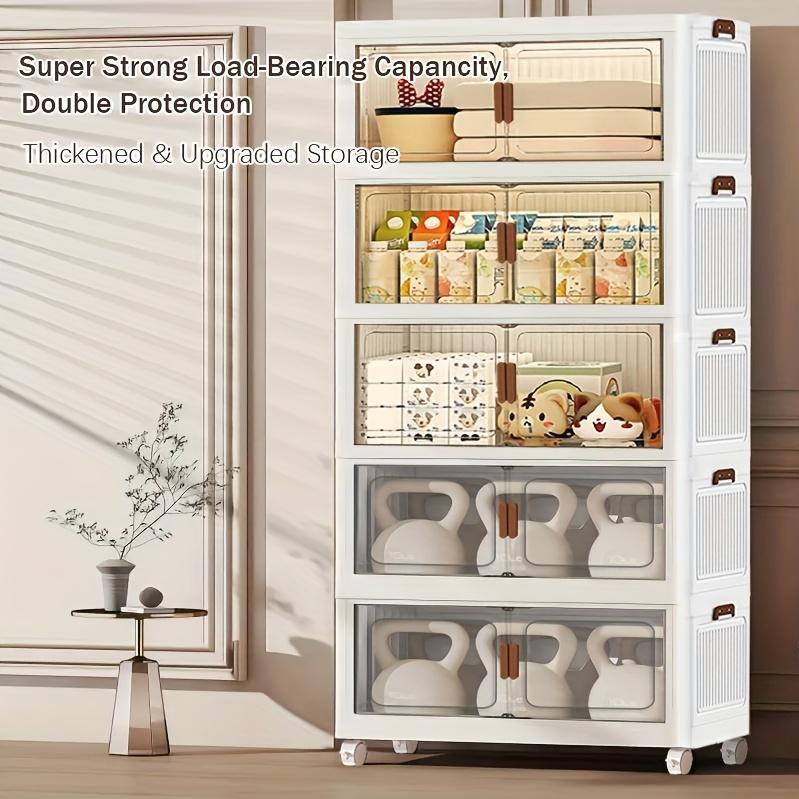 Collapsible Plastic Stackable Locker - 1-5 Layers, Large Capacity with Doors & Wheels, Easy Assembly, Space-Saving Indoor Storage Cupboard for Bedrooms, Kitchens