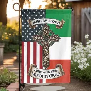 Irish American Garden Flag _ Celtic Cross USA Ireland Split Design _ Premium Double Sided Polyester _ Patriotic St. Patrick's Day Gift