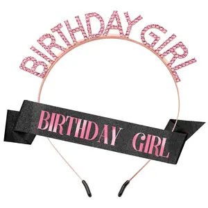 Birthday Crown Birthday Sash for Women, Birthday Girl Sash, Birthday Girl Crown, Glitter Black Birthday Sash and Crown Rhinestone Headband Set, Happy Birthday Girl Princess Tiara Sash Accessories