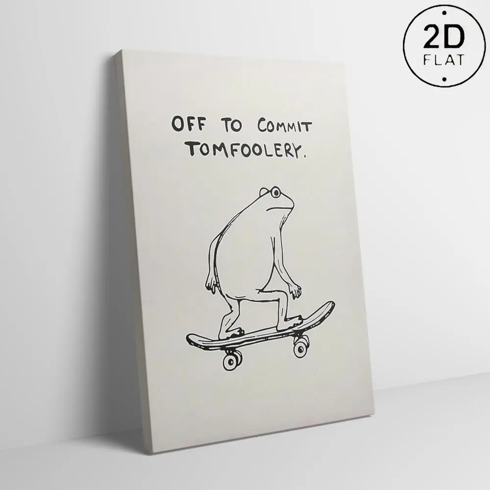 Wooden-Framed Aesthetic Kitchen Wall Decor, Cool Skateboard Frog Canvas Print with "Off To Commit Tomfoolery" Quote, Funny Animal Poster for Bedroom Decoration