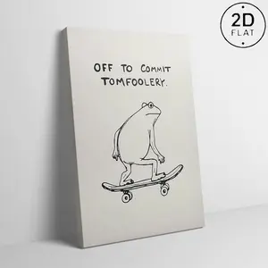 Wooden‑Framed Aesthetic Wall Decor, Cool Skateboard Frog Canvas Print with "Off To Commit Tomfoolery" Quote, Funny Animal Poster for Bedroom & Home Decoration