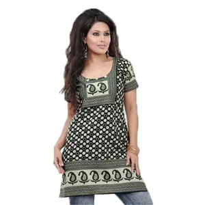 Indian Style 100% Cotton Printed Short Kurtis for Women V-Neck, Short Sleeves Tunic Top Blouse. 1008-SS