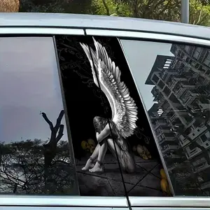 Fallen Angel with Skulls Car B Pillar Sticker, Waterproof Vinyl Decal, Gothic Dark Angel Wing Graphic, Mysterious Spiritual Auto Window Trim Decor, Compatible with Most Cars Trucks SUVs, Personalized Gothic Vehicle Exterior Accessories