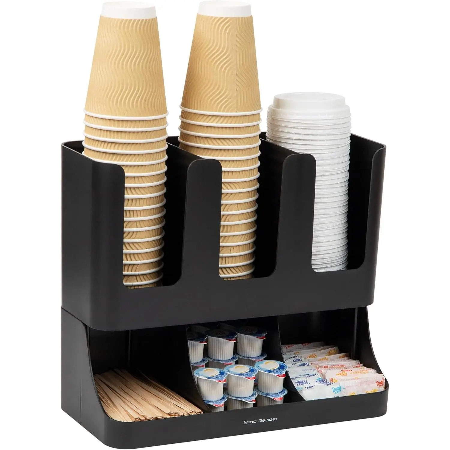 Black Plastic 13-in Countertop Cup & Condiment Station - 6-Compartment Coffee Bar Organizer Storage Caddy for Fishing & Outdoor Leisure Cups, Lids, Packets, 13 Inch, 6 Compartments, Coffee Bar Station, Functional, Tabletop Fit, Countertop Coffee Bar Organ