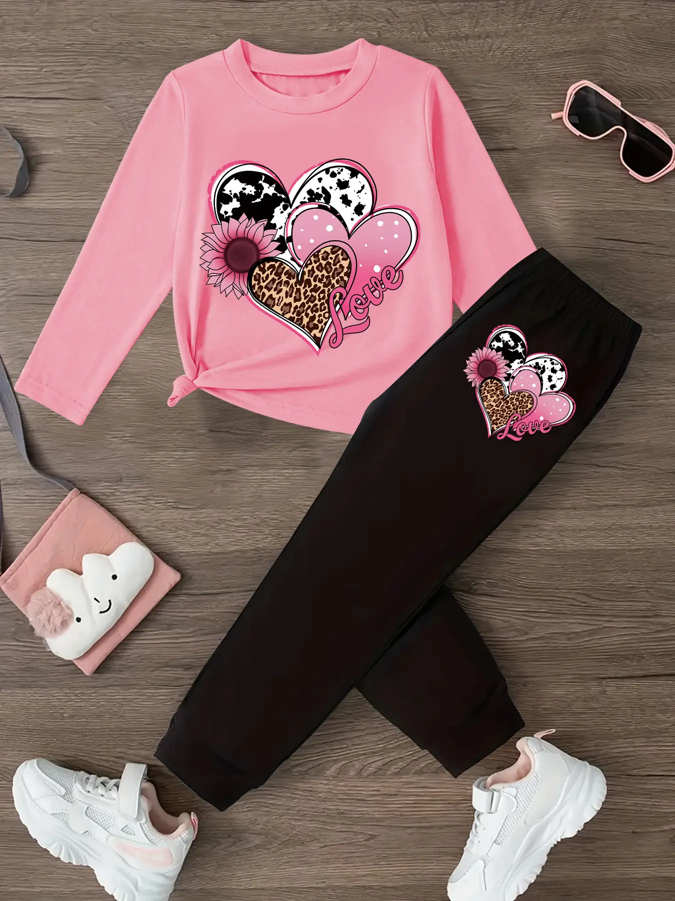 Girls' Leopard Heart Print Long Sleeve T-Shirt & Casual Sweatpants Set, Spring & Fall Fashion, Comfortable Kids Clothing Gift