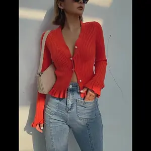 Ruffled Trim Pearl Button Long Sleeve Cardigan