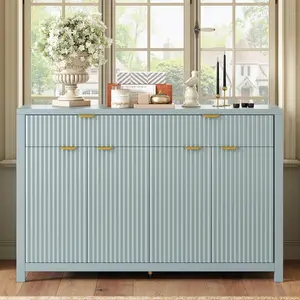 55.1'' Wave-Pattern Design Credenza Cabinet with 2 Drawers & 4 Doors Modern Sideboard Buffet with Adjustable Shelves and Aluminum Handles for Dining Room Kitchen, Cyan