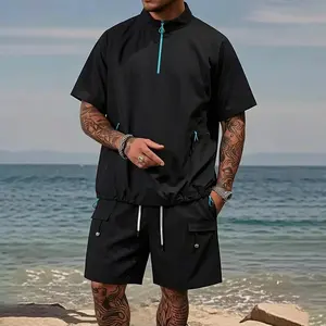 Men's Techwear 2 Piece Outfit, Black Half Zip Pullover and Cargo Shorts Set with Contrast Zipper, Lightweight Windbreaker Hiking Tracksuit for Summer, Urban Outdoor Athletic Wear