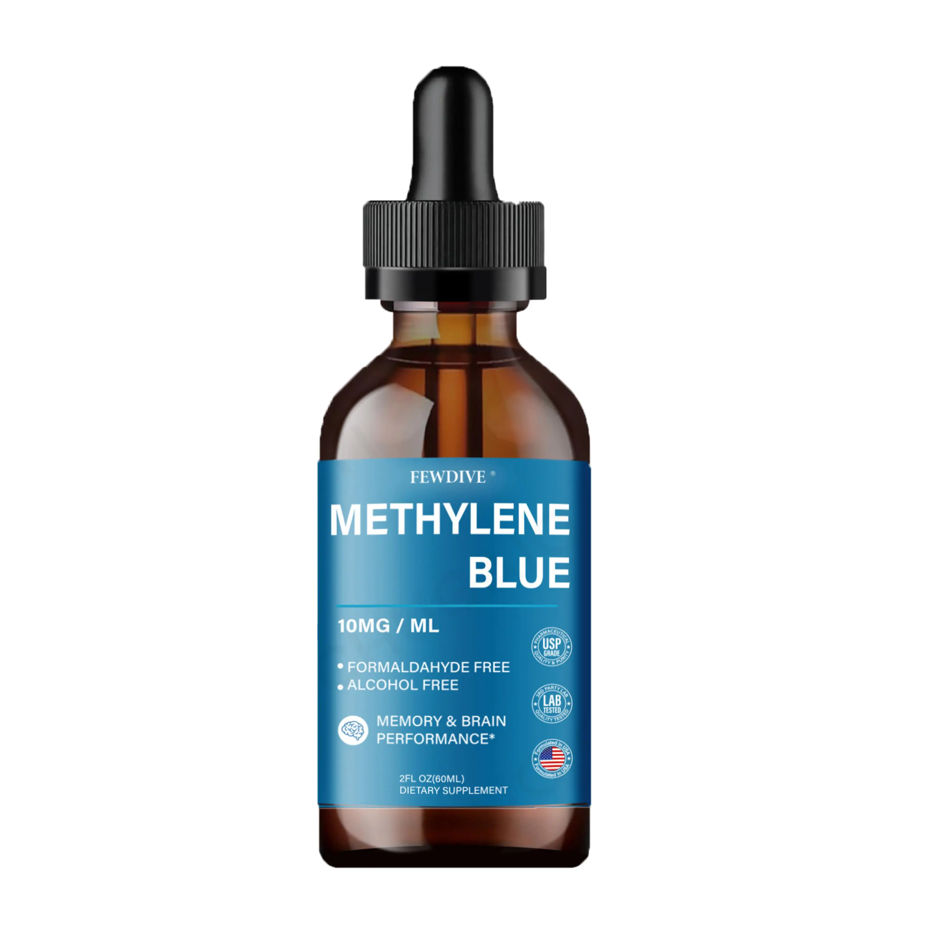 FEWDIVE USP-Grade Methylene Blue Drops (10 mg/mL) — An alcohol- and formaldehyde-free nootropic supplement supporting memory, focus, mitochondrial ATP production, anti-aging, and immune health.