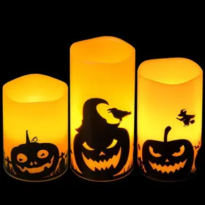 Spooky Pumpkin Decal Flameless Candles: Set of 3 LED Flickering Battery Pillar Candles for Halloween Decorations