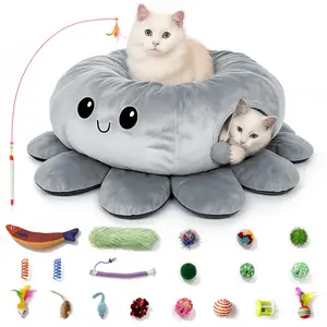 Cat Tunnel Bed for Indoor Cats, Peekaboo Cat Cave Bed, Cat Tunnel Christmas Tree Skirt, Octopus Shaped Cat Tunnel Toy Set Suitable for multiple cats to play with