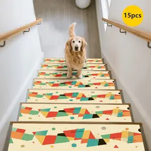 15pcs Geometric Pattern Non-Slip Stair Mats, Durable Home Stair Carpet, Pet Friendly Easy Clean Stair Protectors, Household Use