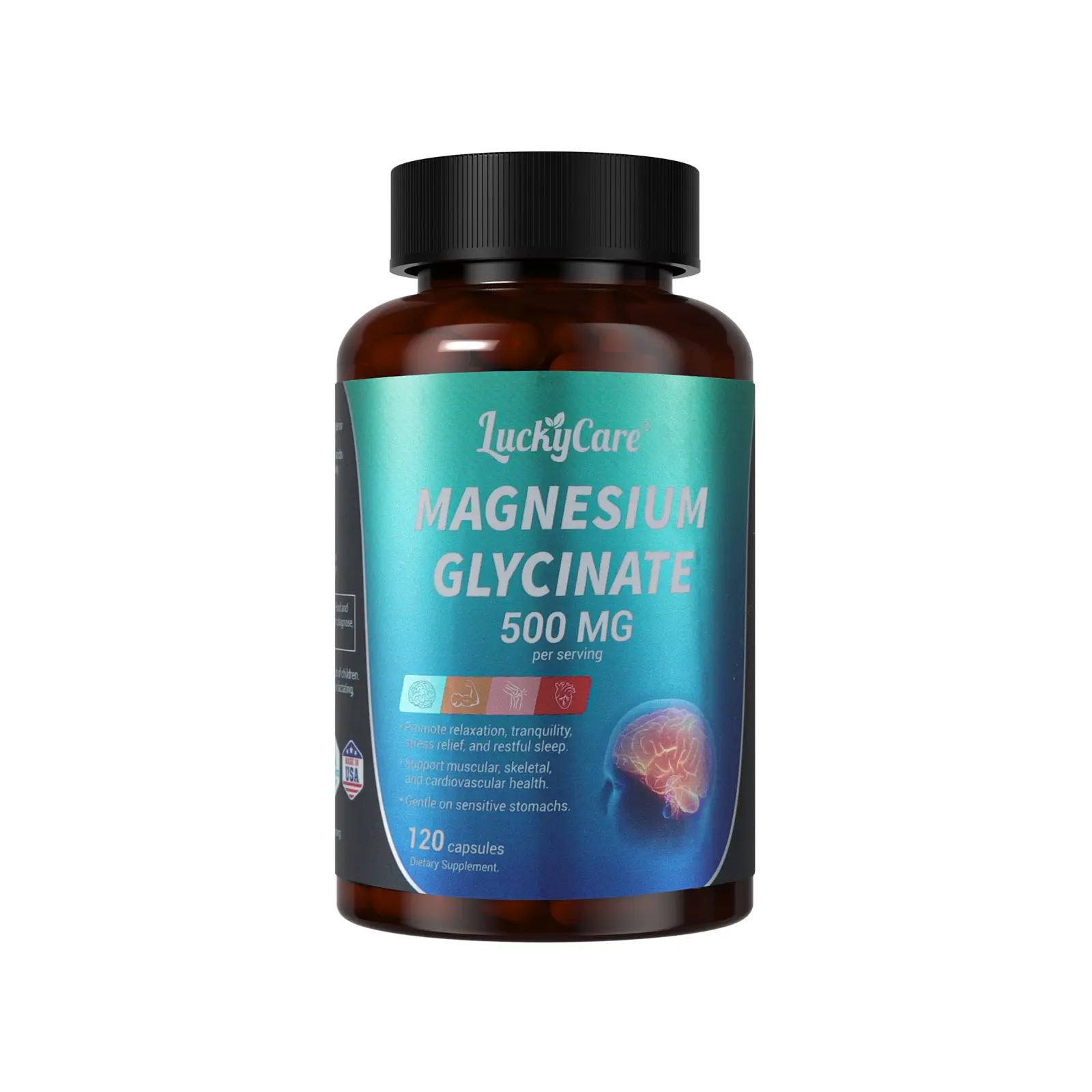 Luckycare Magnesium Glycinate 500mg Minerals Supplement, 120 Capsules for Sleep & Stress Relief, Nerve, Muscle, Bone & Heart Support - Wellness Dietary Vitamin for Health & Fitness