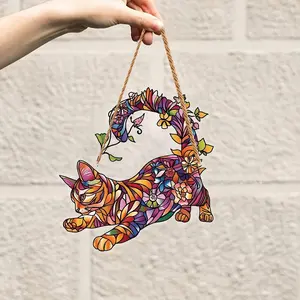 Cat & Flowers Design Hanging Decoration, 1 Count Animal Themed Acrylic Hanging Ornament, Wall Door Pendant for Home Living Room Bedroom Garden, Wall Ornaments