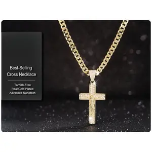 VÈRA 14k Real Gold-Plated Cuban , Figaro, Miami Cross With Jesus Christ Crucifix,24 Inches Long And 6mm Wide,Rapper Chain Handcrafted Polishing And Multiple Electroplating Daily Wear Necklace