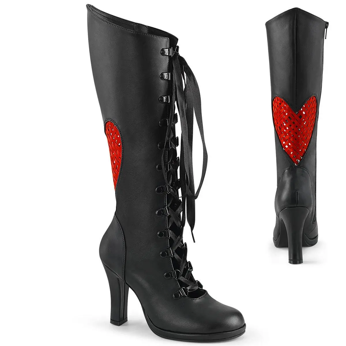 Demonia Glam-243 Black Vegan Leather- Red Satin Knee-high Boots