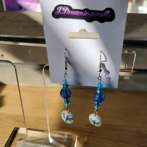Blue Gradient Beaded Earrings with Dragonfly Charm